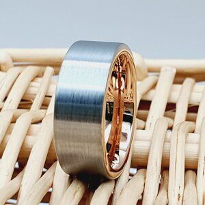 Unisex Tungsten Carbide Ring – Brushed Silver with Rose Gold Plated W899